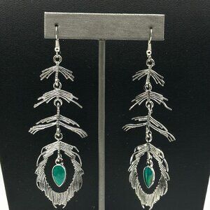 3/$30 Peacock Feather Earrings Silver  Green Drop Dangle Long Pierced Bohemian